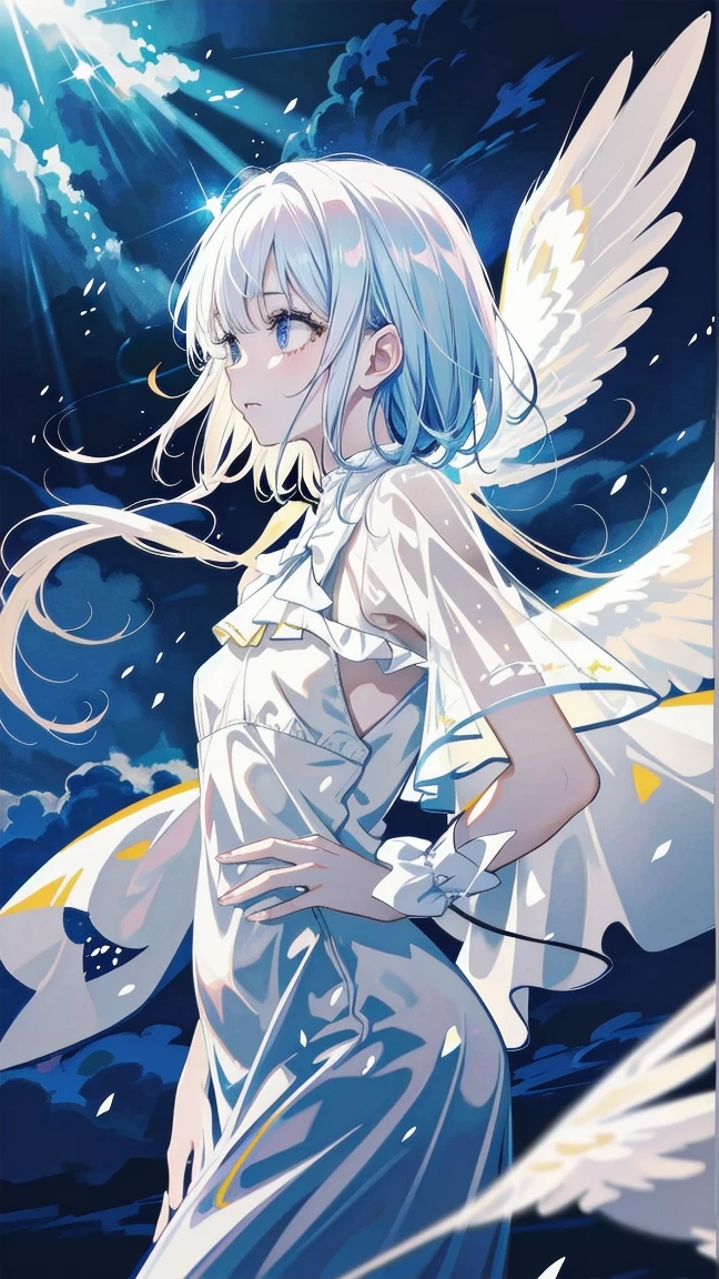 a beautiful angel with flowing white dress, wings spread, hand on hip, side view, (best quality,4k,8k,highres,masterpiece:1.2),ultra-detailed,(realistic,photorealistic,photo-realistic:1.37),HDR,UHD,studio lighting,extremely detailed face and eyes,delicate facial features,long eyelashes,smooth skin,intricate dress folds,glowing skin,angelic expression,sunlight streaming through clouds,simple background