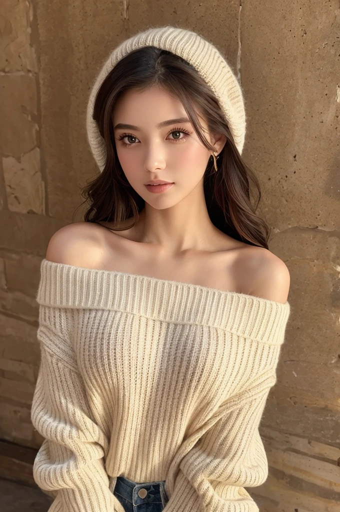 ((highest quality, 8k, masterpiece: 1.3)), sharp: 1.2, Perfect body beauty: 1.4, Slim Abs: 1.2, ((nude、Big Breasts: 1.2)), (((Ribbed sweater:1.3, Off-the-shoulder sweater))), Short shorts:1.2, Exposing shoulders, (((Underbust: 1.1))), Face close-up: 1.0, Highly detailed face and skin texture, Fine Eyes, double eyelid, (((Looking down at the camera)))