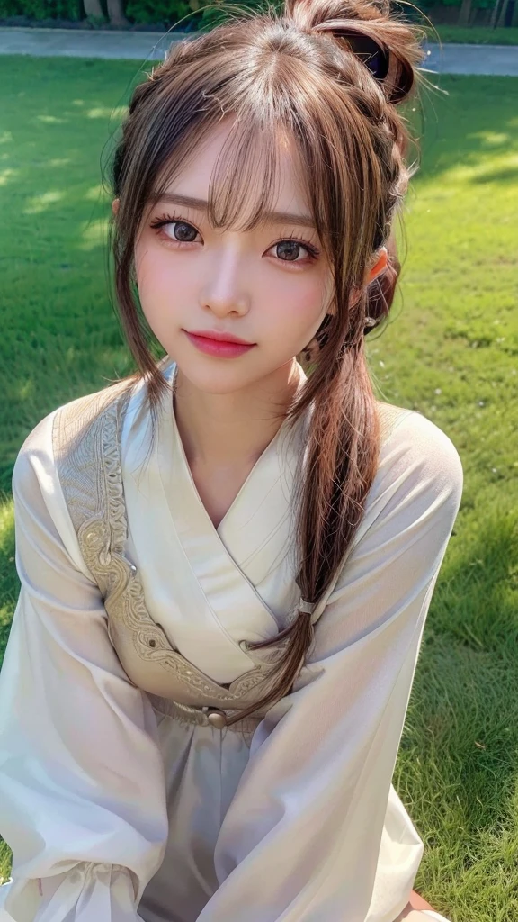 One piece with collar,outdoors,Urban Park,On the lawn,Ultra-detailed, finely detail, hight resolution, 8K Wallpaper, Perfect dynamic composition, Beautiful detailed eyes,Outdoor,Close-up of face,Outdoor,Blushing,Facing forward,,Long hair ponytail,((8k, Raw photo, Best Quality, Mastepiece:1.2), (Realism, Photorealistic:1.4), (Highly detailed 8K wallpapers), Depth of written boundary, Cinematic Lighting, Soft Light, Detailed Beauty Eye,Shiny and smooth light brown ponytail, Asymmetrical bangs, Shiny skin, Ultra-detailed skins ,It is high resolution., High detail, Detailed hairstyle, Detailed facial beauty, Hyper-realistic, Perfect limbs, Perfect Anatomy ,1 Japanese girl,Famous Japanese Idols, Perfect female body,A shy smile,Short eyelashes,Double-edged eyelids,Look straight here,Hair style: ponytail,
