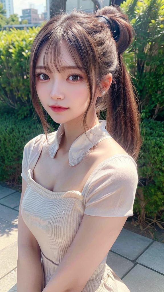 One piece with collar,outdoors,Urban Park,On the lawn,Ultra-detailed, finely detail, hight resolution, 8K Wallpaper, Perfect dynamic composition, Beautiful detailed eyes,Outdoor,Close-up of face,Outdoor,Blushing,Facing forward,,Long hair ponytail,((8k, Raw photo, Best Quality, Mastepiece:1.2), (Realism, Photorealistic:1.4), (Highly detailed 8K wallpapers), Depth of written boundary, Cinematic Lighting, Soft Light, Detailed Beauty Eye,Shiny and smooth light brown ponytail, Asymmetrical bangs, Shiny skin, Ultra-detailed skins ,It is high resolution., High detail, Detailed hairstyle, Detailed facial beauty, Hyper-realistic, Perfect limbs, Perfect Anatomy ,1 Japanese girl,Famous Japanese Idols, Perfect female body,A shy smile,Short eyelashes,Double-edged eyelids,Look straight here,Hair style: ponytail,