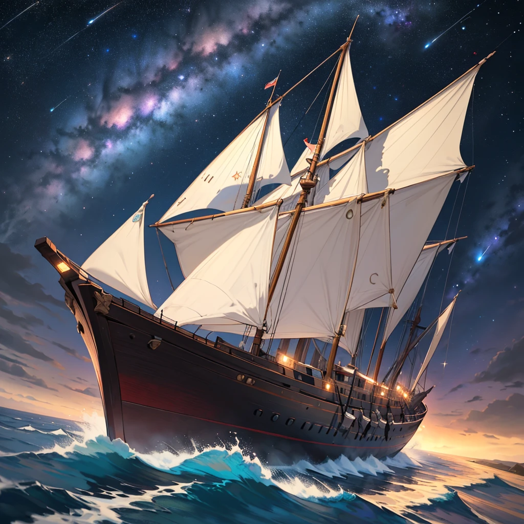 8K, masterpiece, Large Ship, Adrift in Space, planet, Solemn,Milky Way, Wooden boat,Stars Shining