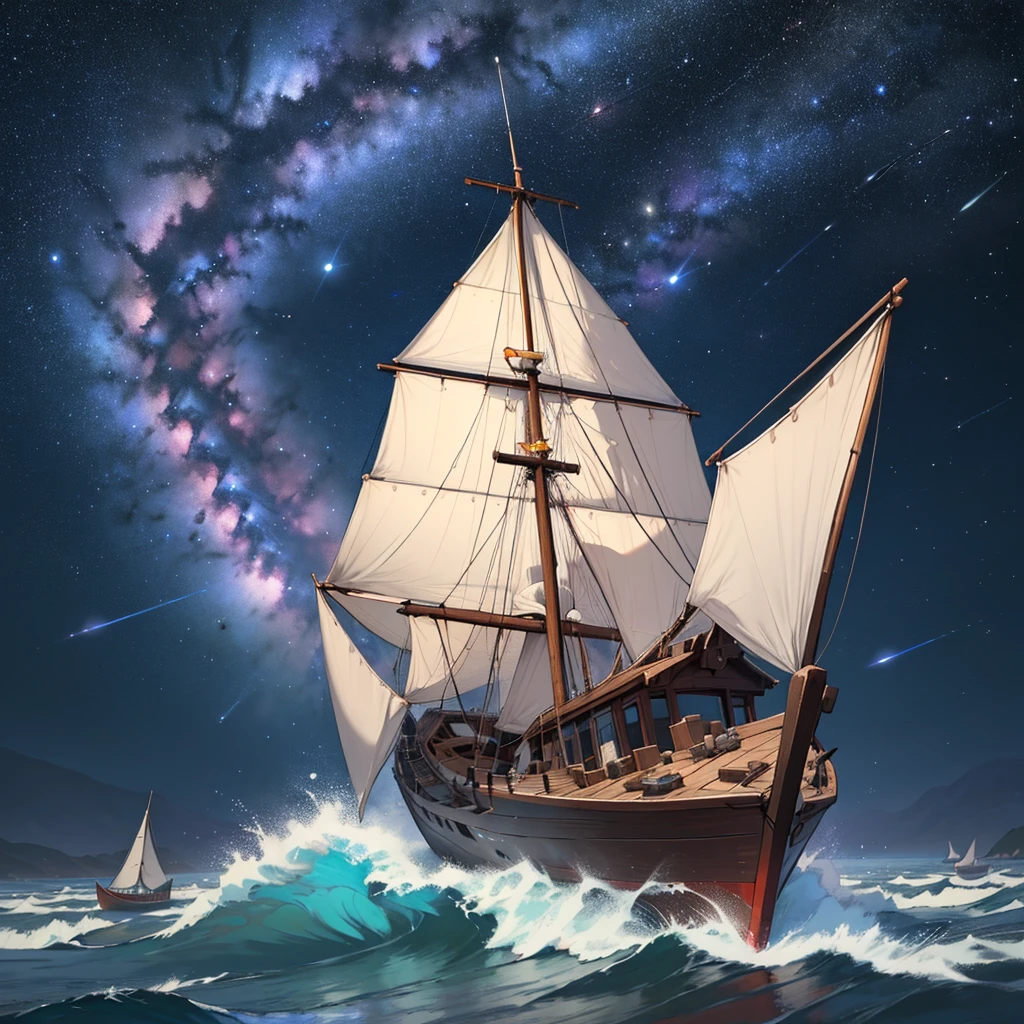 8K, masterpiece, Large Ship, Adrift in Space, planet, Solemn,Milky Way, Wooden boat,Stars Shining