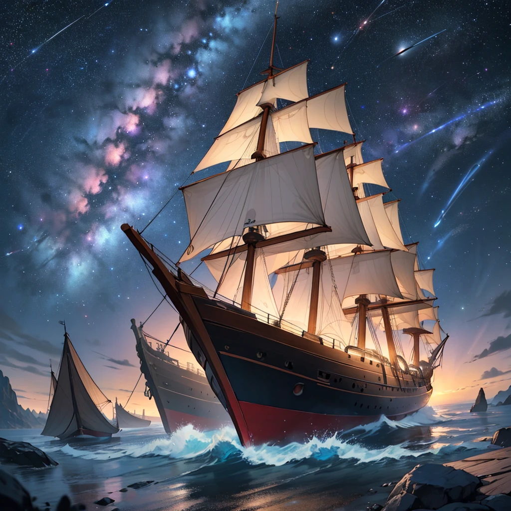 8K, masterpiece, Large Ship, Adrift in Space, planet, Solemn,Milky Way, Wooden boat,Stars Shining