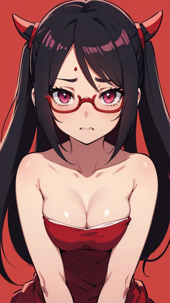 ((Best quality))((realistic))((full body))((face detail))A girl. Sarada Uchiha/(Boruto Characters)/ , Red glasses , towel cloth , shy , eyes half close , look at viwer , spring, stream , wet , horny , show breast , lift top