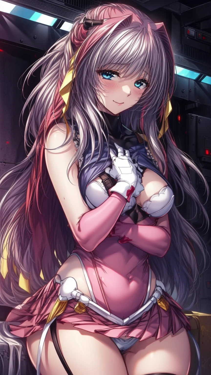 12k,Escalayer,pink hair,long hair,hair_ornament,blue eyes,pink dress,white long glove,thigh_boots, Embarrassing ,blush,,,White panties,,masterpiece,Noise Reduction,Perfect Anatomy,High resolution, Super detailed,Game CG,Dutch Angle ,Beautiful attention to detail,Visual Arts,Five Fingers, Perfect hands, Perfect lighting,,red eyes,(Silver Hair:1.6),evil smile,(Inside a futuristic base:1.4)