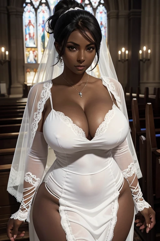 (masterpiece), best quality, expressive eyes, perfect face, front lighting, (inside curch sanctuary background), (standing at altar), (seductive look), (cleavage view), (1girl, Nico Robin, milf, latina, dark skin, short black hair, ponytail bun hairstyle, brown eyes, hourglass figure, thick body, curvy body, large breasts, huge breasts, oppai, large cleavage, wide hips, thick thighs), (long white v-neck dress with single leg slit, white lace trim, lace long sleeves, exposed cleavage, white lace veil, jewelry, silver cross necklace, ring on finger, earrings),