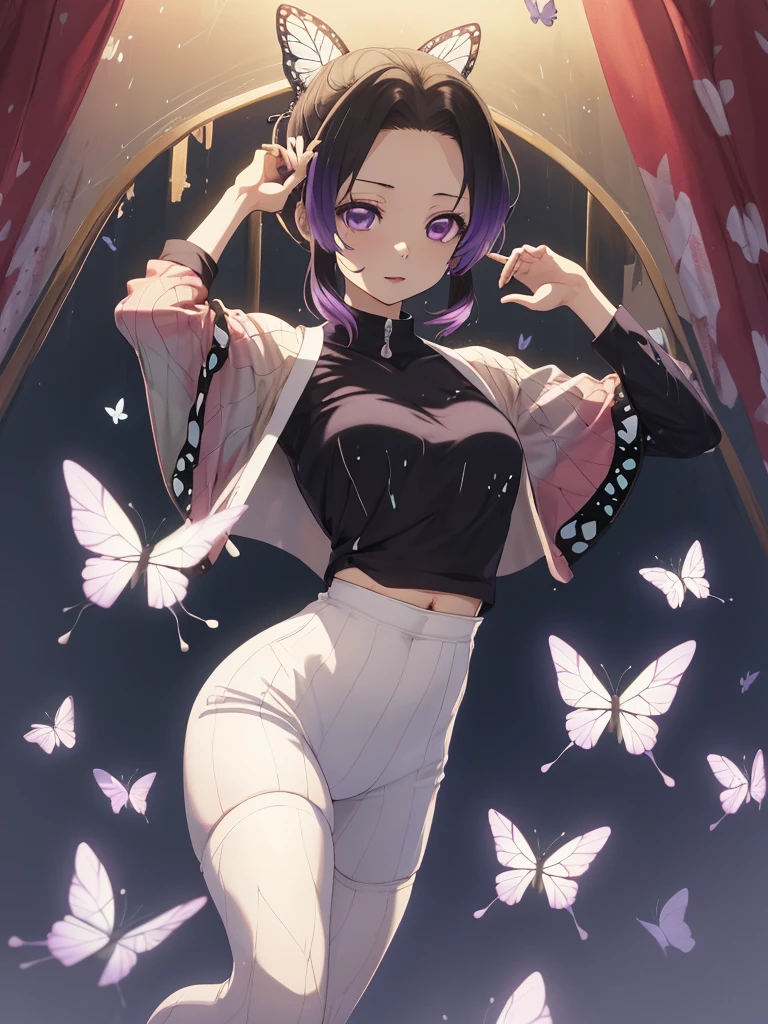 masutepiece, Best Quality, hight resolution, 1girl in, solo, kochou shinobu, Decorate your hair with butterflies, violet eyes, Multi-colored hair, Short hair, Parted bangs, Short shorts, Skirt, Turtleneck Top, a navel, outside of house, erotica, Open your legs in an M shape, perspiring, Body line, camel toe, White underwear, Visible underwear, wet,