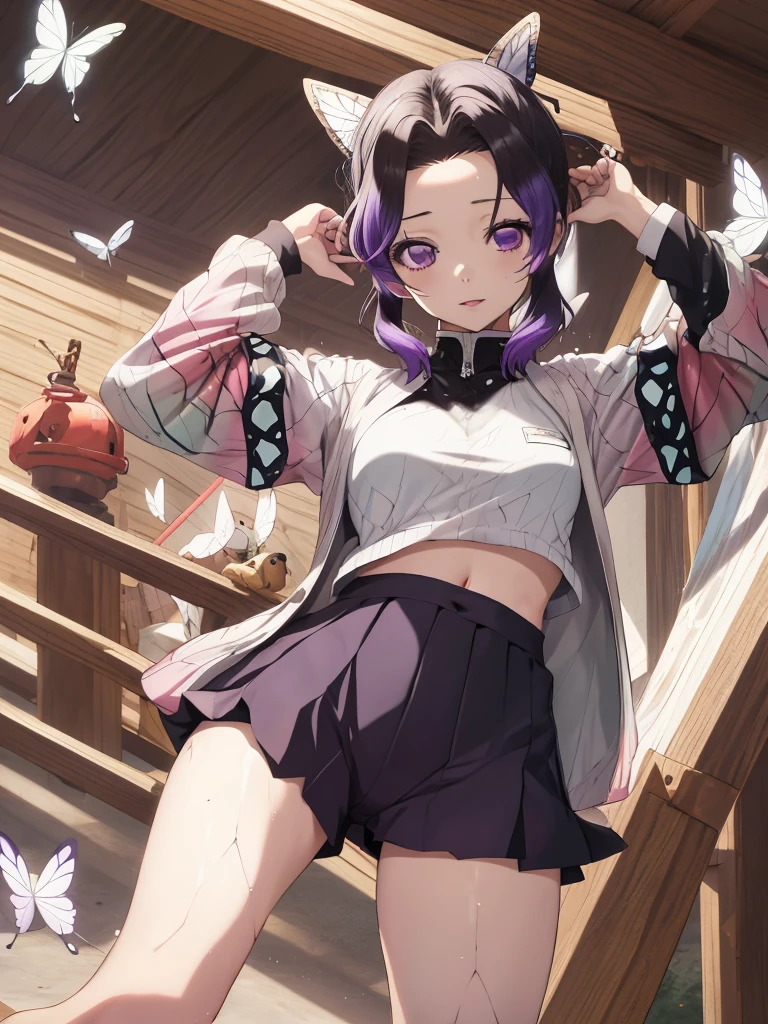 masutepiece, Best Quality, hight resolution, 1girl in, solo, kochou shinobu, Decorate your hair with butterflies, violet eyes, Multi-colored hair, Short hair, Parted bangs, Short shorts, Skirt, Turtleneck Top, a navel, outside of house, erotica, Open your legs in an M shape, perspiring, Body line, camel toe, White underwear, Visible underwear, wet,
