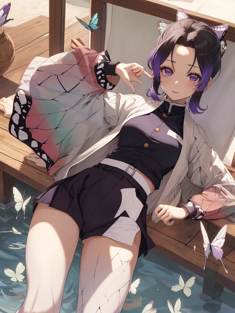 masutepiece, Best Quality, hight resolution, 1girl in, solo, kochou shinobu, Decorate your hair with butterflies, violet eyes, Multi-colored hair, Short hair, Parted bangs, Short shorts, Skirt, Turtleneck Top, a navel, outside of house, erotica, Open your legs in an M shape, perspiring, Body line, camel toe, White underwear, Visible underwear, wet,