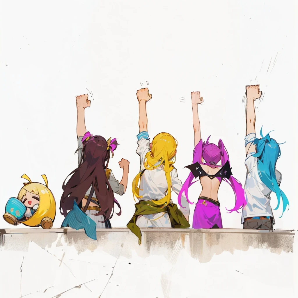 anime painting Raise your fist Back view fellow Raise your arms cool Departure pirate men and women Background white