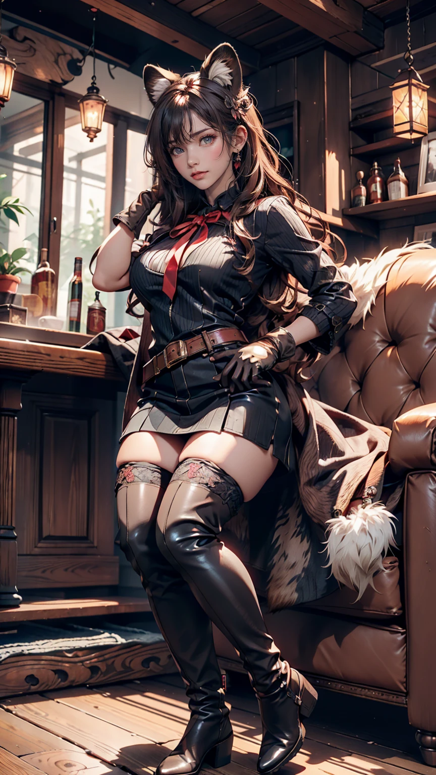 rafa, Raccoon Ears, Raccoon Girl, Animal ears, Long Hair, Brown Hair, raccoon tail, tail, gloves, brown gloves, belt, Thigh-high boots, Knee socks, zettai ryouiki, Red ribbon, masterpiece, Highest quality, alone, Cinema Lighting, View your viewers, whole body