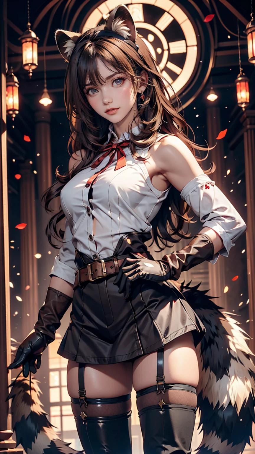 rafa, Raccoon Ears, Raccoon Girl, Animal ears, Long Hair, Brown Hair, raccoon tail, tail, gloves, brown gloves, belt, Thigh-high boots, Knee socks, zettai ryouiki, Red ribbon, masterpiece, Highest quality, alone, Cinema Lighting, View your viewers, whole body