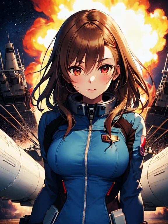 Space War, Space Battleship, positron cannon, Big Explosion, Space Battleship, (masterpiece), highest quality, Misaka Mikoto, 1girl, uhd, retina, masterpiece, ccurate, anatomically correct, textured skin, super detail, high details, high quality, best quality, highres, 4K