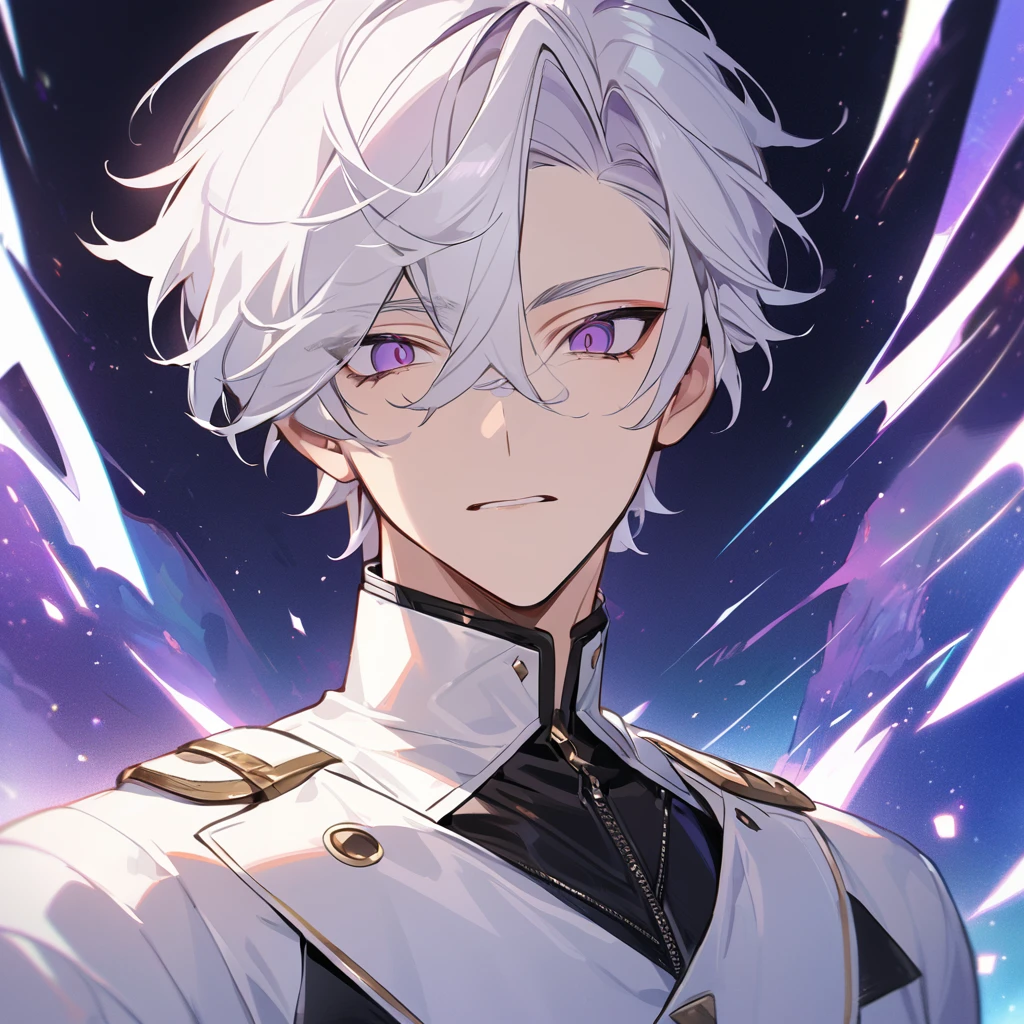 High quality, HD, 4k, no shadows, handsome male, 1male, 17 years old, teenager, golden lining, short white hair, sharp eyes, dark purple eyes, deep purple eyes, devil may cry, close up, calm expression, stoic expression, black leather clothes, white leather clothing, lean body, well trained body, upper body, looking at viewer, cowboy shot, white solar, space background