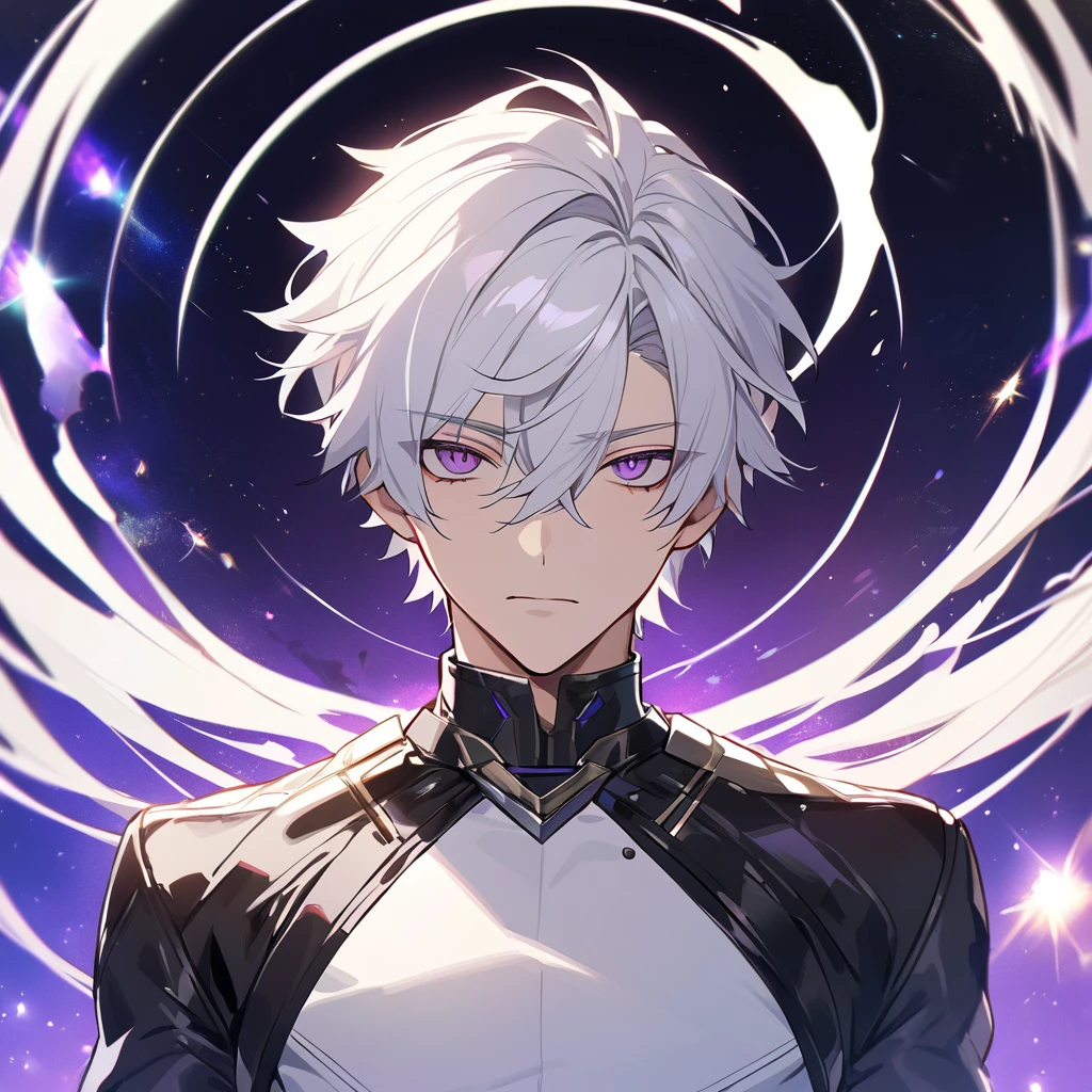 High quality, HD, 4k, no shadows, handsome male, 1male, , teenager, go lining, short white hair, sharp eyes, dark purple eyes, deep purple eyes, devil may cry, close up, calm expression, stoic expression, black leather clothes, white leather clothing, lean body, well trained body, upper body, looking at viewer, cowboy shot, white solar, space background