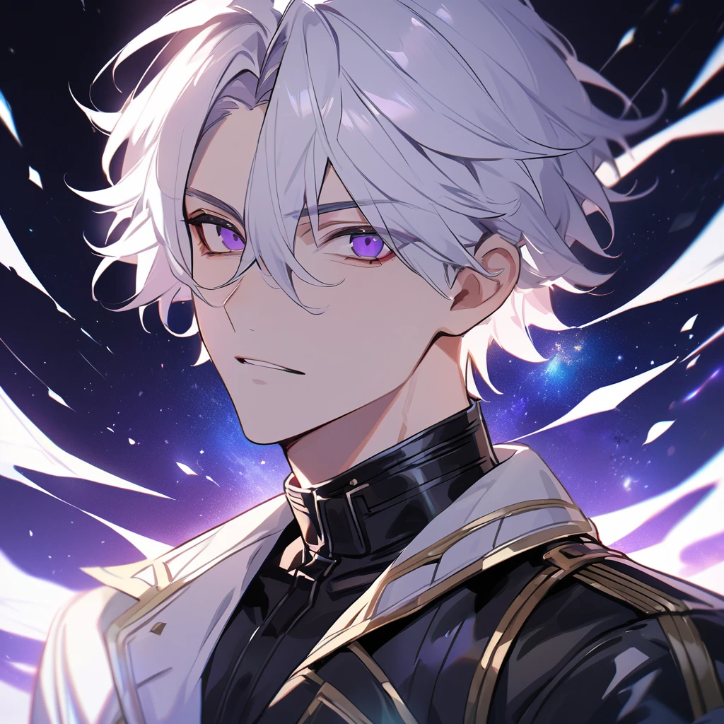 High quality, HD, 4k, no shadows, handsome male, 1male, 17 years old, teenager, golden lining, short white hair, sharp eyes, dark purple eyes, deep purple eyes, devil may cry, close up, calm expression, stoic expression, black leather clothes, white leather clothing, lean body, well trained body, upper body, looking at viewer, cowboy shot, white solar, space background