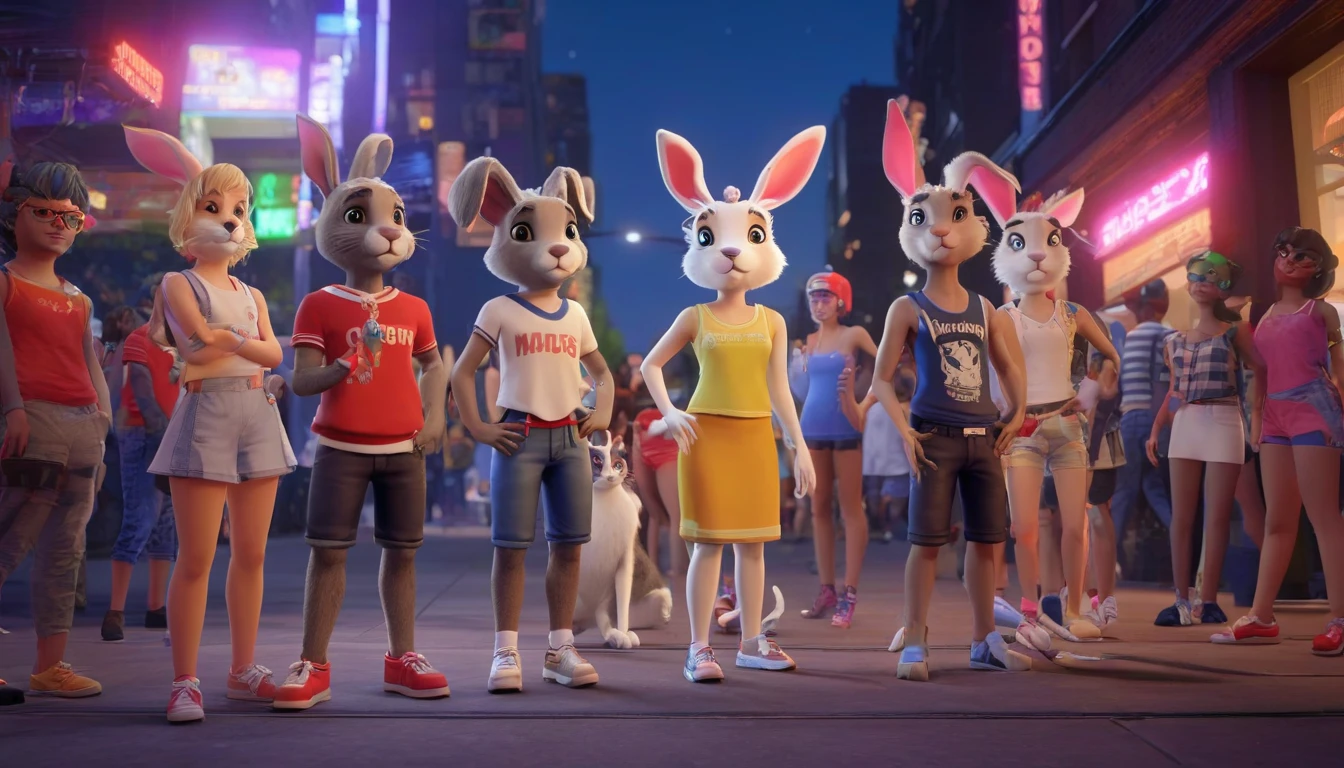 In front of a dance club in New York, anthropomorphized young people, including rabbits, cats, and dogs, are waiting for the club to open. They are dressed in American youth clothing. Summer night, 3D character style