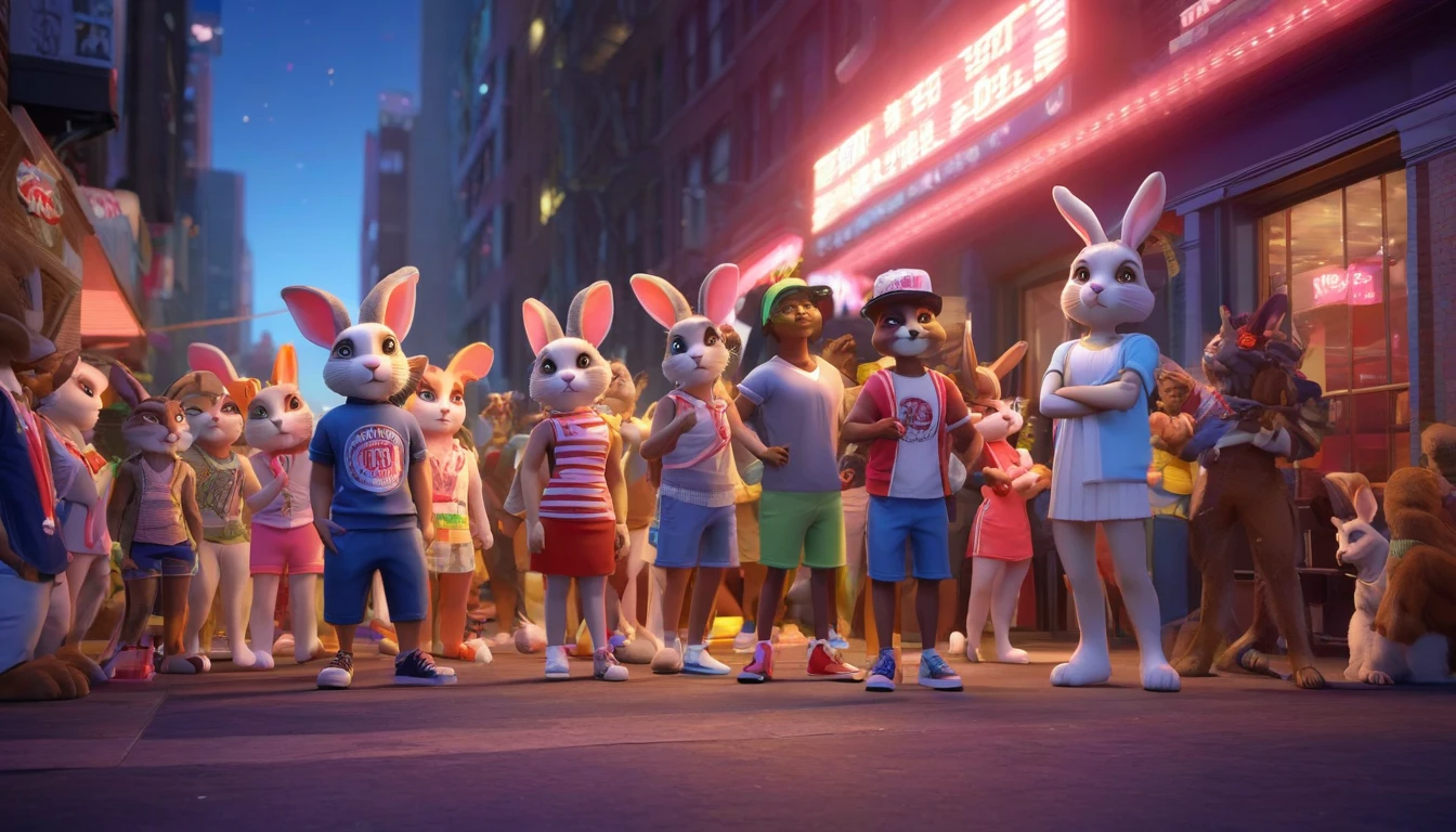 In front of a dance club in New York, anthropomorphized young people, including rabbits, cats, and dogs, are waiting for the club to open. They are dressed in American youth clothing. Summer night, 3D character style