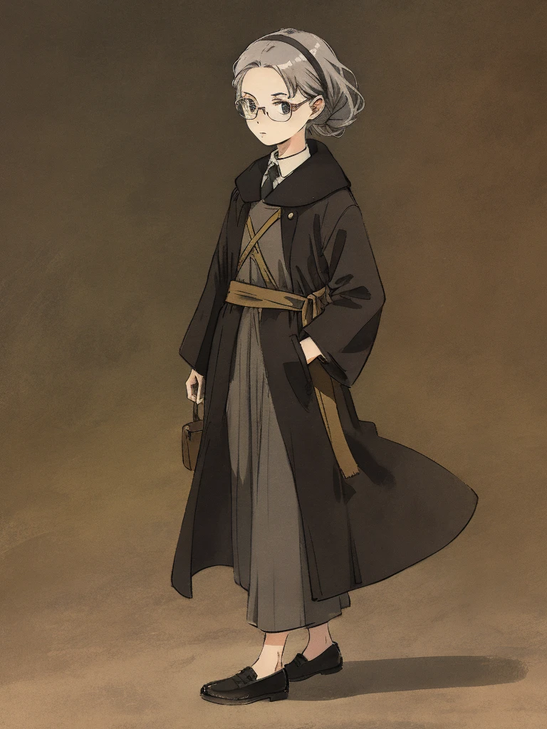 Masterpiece, Highest quality, Low Contrast((must))A Russian girl in her early 20s with ash grey hair, Head to toe full body, wearing simple eyeglasses, searching in the heritage, The face is dense((must))
