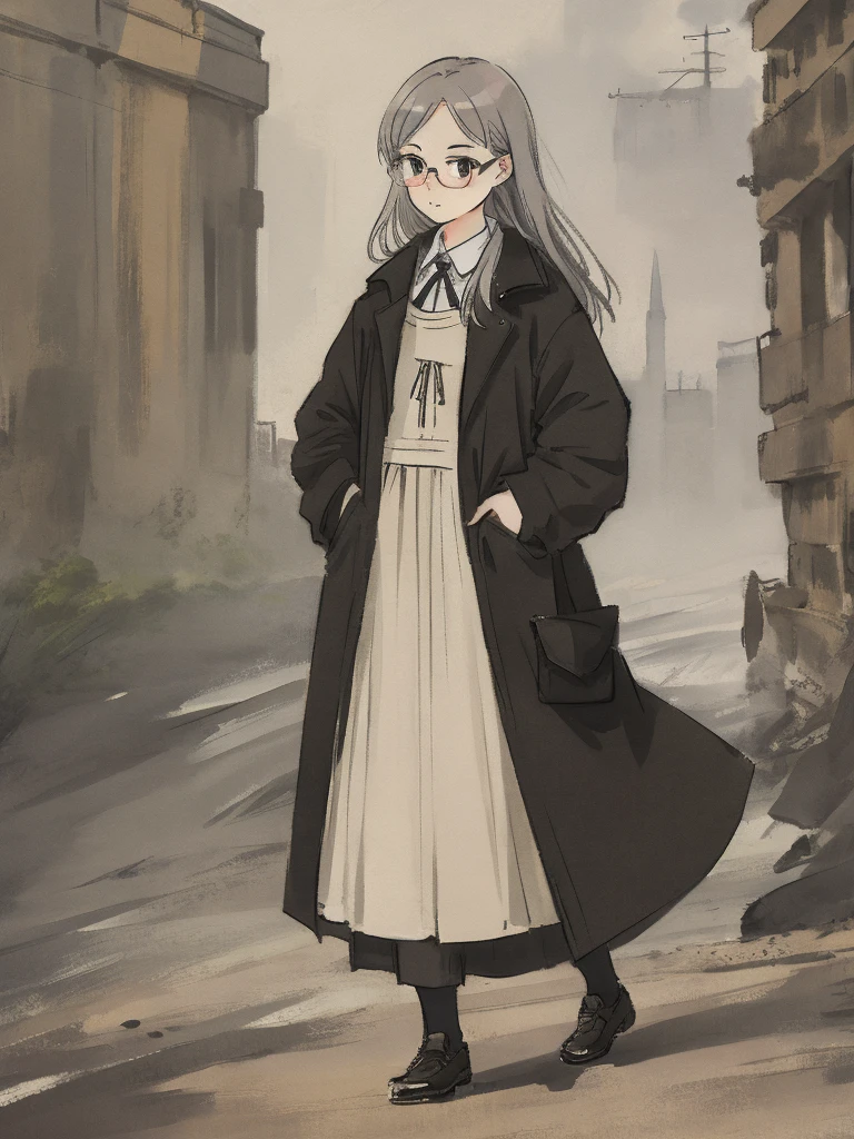 Masterpiece, Highest quality, Low Contrast((must))A Russian girl in her early 20s with ash grey hair, Head to toe full body, wearing simple eyeglasses, searching in the heritage, The face is dense((must))