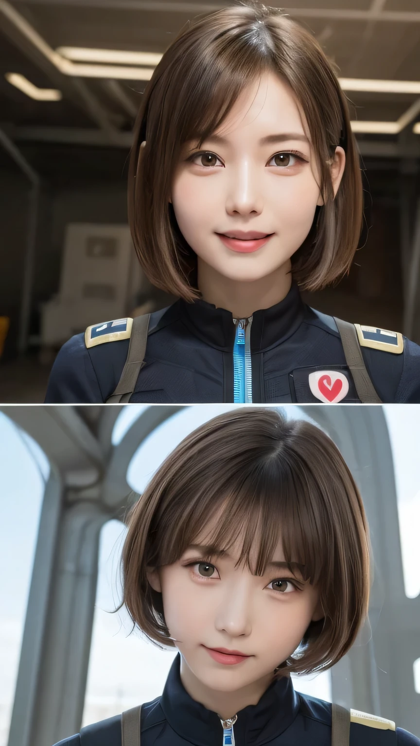 closeup shot , Best picture quality (8K, high resolution, Masterpiece: 1.2), super detailed,  215 Short Hair, 16-year-old woman, 

situation: On the bridge of a giant spaceship、The commander is giving orders while looking at the tactical screen.。
clothing: High-tech combat suit、Commander&#39;s Uniform、headset。
angle:
Close-up: The commander&#39;s serious expression、Show the battle situation on the screen in detail。
Detailed depiction: Mechanical interior of the bridge、With tension in the team as a backdrop、Emphasizing the intensity of the battle。


, Close-up of face 

, random cute pose ,big eyes ,Puffy eyes ,  Heart Pupil, blush  , huge shy smile , salute
