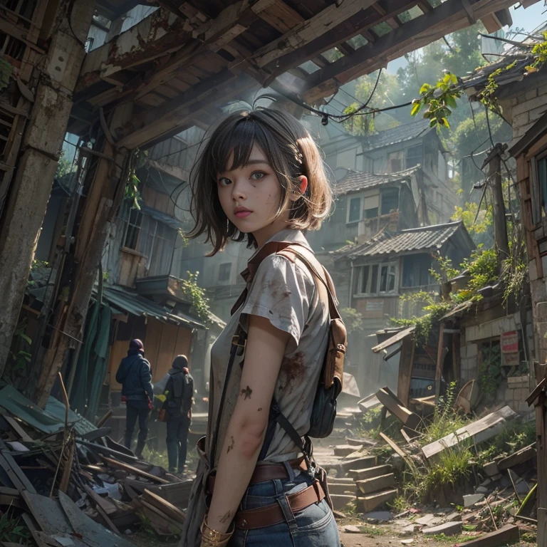 (masterpiece, Highest quality, 1 Girl, alone) In the ruins of the zombie apocalypse, 美しいアメリカの金髪の十代のborn存者, ( Half Body Shot, There are many freckles on the face, Slim figure, Short messy side cut hair, Hazel green eyes), I'm tired but I won't give in, Discover the secret sanctuary village, A ray of hope in a world ravaged by despair. Her Journey, Involving risk and loss, Lead her to this hidden haven, A place where safety and the promise of new beginnings await.. Surrounded by the revival of nature, The sanctuary stands as a lush oasis amidst the desolation., Its very existence is a testament to the resilience and tenacity of humankind.. When she crosses the line, Her relief is palpable., Her face is、Even in the darkest times, Hope can find its way to prosperity. This moment、It captures the essence of hope in the face of adversity.。, bornき残るための戦いにおいて, The human spirit is indomitable, 16K, Ultra-high resolution.Realistic, Ultra-high resolution, born, Sanctuary village in the background