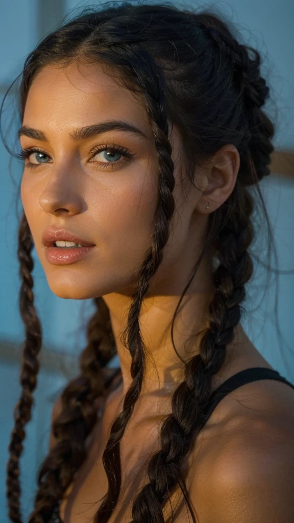 un gros plan d'une femme aux cheveux longs et aux tresses, femme aux cheveux bruns tressés, beau visage, extremely beau visage, Fille avec des tresses, beau visage atractiva, coiffure avec des nattes, backlit beau visage, Portrait de Sophie Mudd, beau visage portrait, ultra beau visage, visage splendide, very beau visage, attractive beau visage, beau visage, tresses en queue de cochon