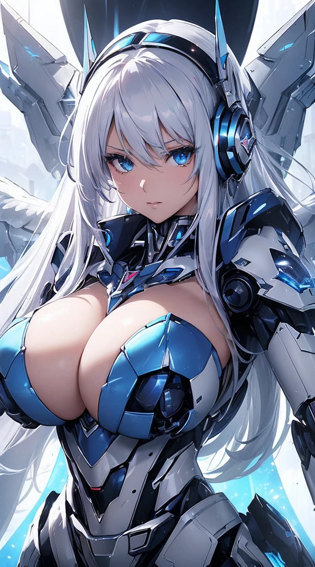 ((Extreme close up:1.6))、(((Lenses shining on both breasts:1.3)))、((Blue pillars of light radiate from both of his chests..:1.3))、break、(((Dynamic pose:1.8)))、smile、((8K)), ((32k)), ((Highest quality)), ((masterpiece)), ((超A high resolution)), ((Tmasterpiece)), ((Halation:1.4))、((Mechaニカルheadgear:1.2))、((Cyber Headphones:1.3))Fine skin, High quality fabric, High-quality metal texture、((Beautiful and dense face))、RAW Photos、Professional, Ultra-fine painting, ((alone)), Beautiful breasts、Highest quality, Very detailed, Very detailed詳細, Finer details, so beautiful, ((Princess Knight Robot:1.2)),  (Joint of the machine, Mechanical Limbs:1.3), (The internal structure of the machine is exposed:1.3), (Long silver hair:1.1), (Beautiful and huge mechanical breasts)、White Veil, cowboy_shot, Side Focus, headgear, Shiny、(Five Fingers, Four fingers and thumb),Concept Art, Anime fantasy artwork, Detailed fantasy art, (with pale blue-violet hair and large white wings,,,,,,,,), (((Long silver hair))), (Mecha:1.6)、Sleek and intimidating design, ((Commander-in-Chief&#39;arm)), (Perfect robot body)、純白と青紫のarmまたは, Symmetrical wings, 8K High Resolution, Detailed Art, 3D rendering of character art in 8K, neat legs, Defined, Defined fingers,((headshot:1.3))