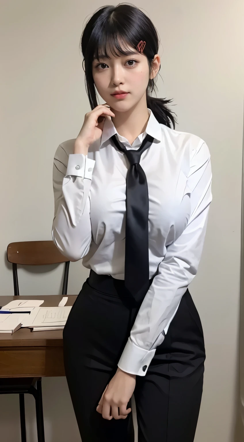 Highest quality、Ultra-high resolution、Professional Lighting、Detailed Background、workroom、full body,Kobeni-chan、A sloppy smile、25-year-old woman、beautiful girl、(Kobeni-chan、Jet black hair, Black Hair, bangs, One-sided hair,)、(Red Hair Clip:1.1)、(White shirt:1.2)+(Black tie:1.2)+(black long pants for work:1.2)、(Huge breasts that look like they might burst:1.2)、(Big thighs:1.1)、Are standing、Model pose