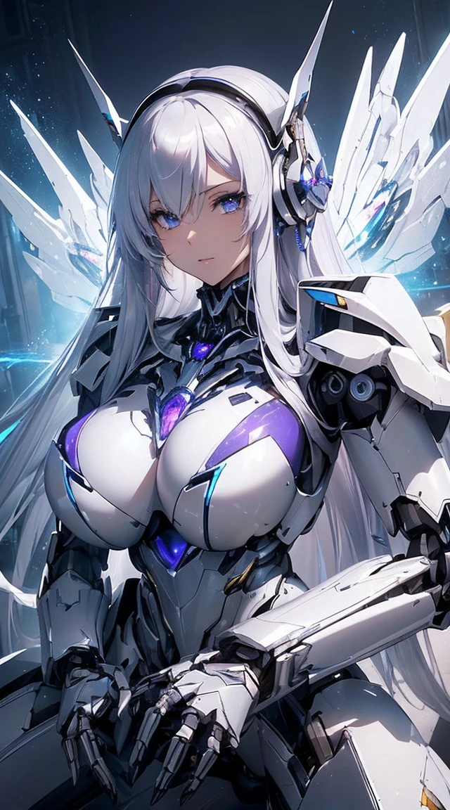(Sit with one knee on the machine:1.6)、(Full body description:1.hining lenses on both breast、((Blue pillars of light are emanating from both chests.:1.3))、smile、((8((32k)), ((Highest quality)), ((masterpiece)), ((超A high resolution)), ((Tmasterpiece)), ((Halation:1.4))、((Mechaニカルheadgear:1.2))、((Cyber Headphones:1.3))、Fine skin, High quality fabric, Fine metal texture、((Beautiful and dense face))、RAW Photos、Professional, Ultra-fine painting, ((alone)), Beautiful breasts、Highest quVery detailed, Very detailed詳細, Finer details, so beautiful, ((Princess Knight Robot:1.2)), (Joints of machines, Mechanical Limbs:1.3), (The internal structure of the machine is exposed:1.3), (Long silver hair:1.1), (Beautiful and huge mechanical breasts)、White Veil, cowb, Side Focus, headgear, Shiny、(Five Fingers, Four fingers and thumb),Concept Art, Anime fantasy artwork, Detailed fantasy art, (with pale blue-violet hair and large white wings,,,,,,,), (((Long silver hair))), (Mecha:1.6)、Sleek and intimidating designCommander-in-Chief'arm)), (Perfect robot body)、純白と青紫armまたは, Symmetrical wings, 8K high quality, detailed art, 3D rendering of character art in 8K, neat legs, Defined, Defined fingers,