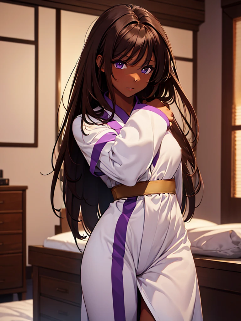 (masterpiece、top-quality、hight resolution、Unity 8k Wallpaper、extremely details CG:1), Illustration of a female model in an indecent pose. The model is striking an alluring pose. The model is looking quietly seductive. She is wearing an outfit appropriate for a masturbator. The background is a well-lit studio setting in a private room with a bed. The overall atmosphere is professional and glamorous, emphasizing the beauty and sexuality of the models. nsfw, ((purple ribbon)), (((((dark brown skin)))))