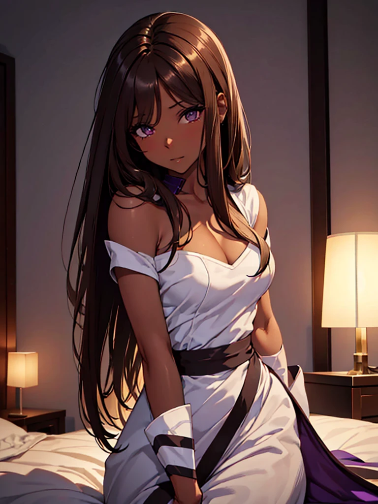 (masterpiece、top-quality、hight resolution、Unity 8k Wallpaper、extremely details CG:1), Illustration of a female model in an indecent pose. The model is striking an alluring pose. The model is looking quietly seductive. She is wearing an outfit appropriate for a masturbator. The background is a well-lit studio setting in a private room with a bed. The overall atmosphere is professional and glamorous, emphasizing the beauty and sexuality of the models. nsfw, ((purple ribbon)), (((((dark brown skin)))))
