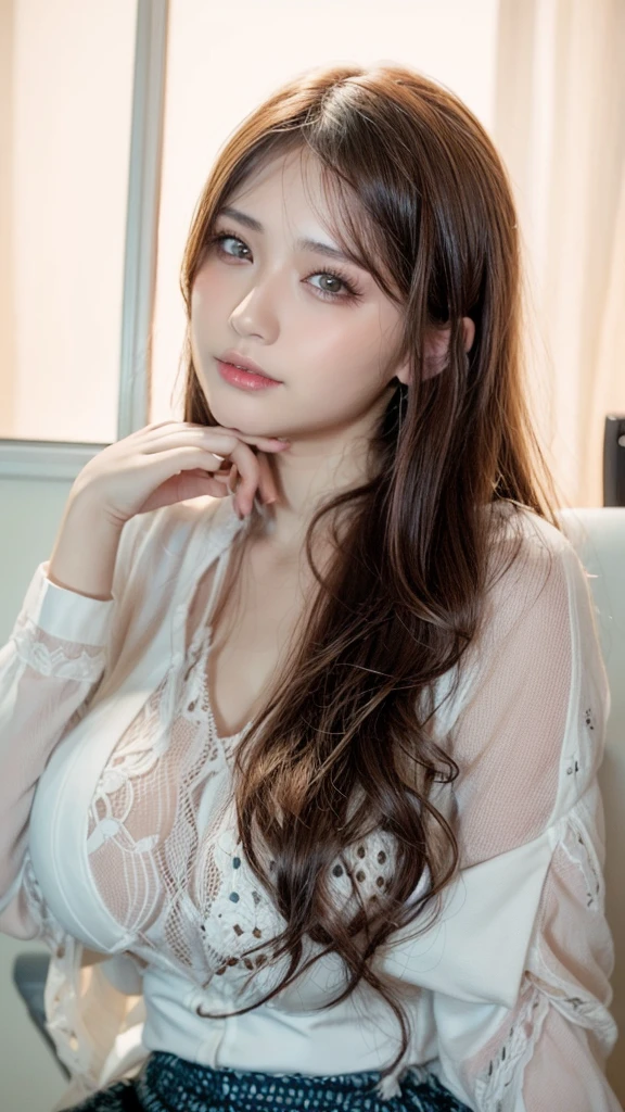 ((shoot from front)), masterpiece, Best Quality, Illustration, Ultra-detailed, finely detail, high resolution, 8K Wallpaper, Perfect dynamic composition, Beautiful detailed eyes, Natural Lip, Big breasts, cleavage, looking down:1.2, sitting on chair, desk working, wearing business suit, (sad), (in the office), Japanese beauty girl, 20 years old,