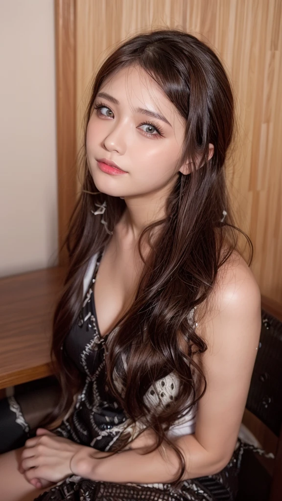 ((shoot from front)), masterpiece, Best Quality, Illustration, Ultra-detailed, finely detail, high resolution, 8K Wallpaper, Perfect dynamic composition, Beautiful detailed eyes, Natural Lip, Big breasts, cleavage, looking down:1.2, sitting on chair, desk working, wearing business suit, (sad), (in the office), Japanese beauty girl, 20 years old,