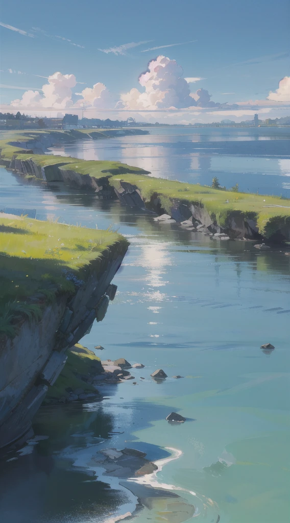 no humans, scenery, vanishing point, from below, masterpiece, best quality, 8k, absurdres, water surface, summer, noon, sunlight, blue sky, perspective, depth of field, highres, finely detail, ultra-detailed, sharp focus