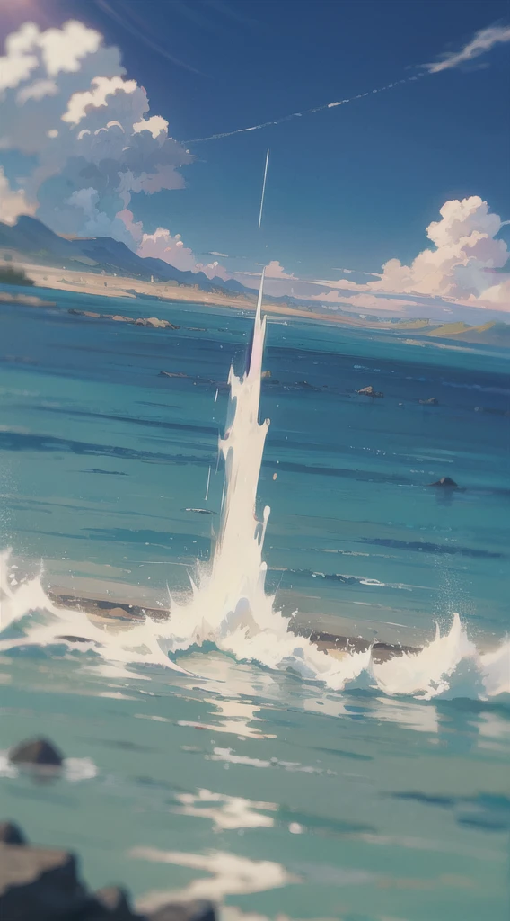 no humans, scenery, vanishing point, from below, masterpiece, best quality, 8k, absurdres, water surface, summer, noon, sunlight, blue sky, perspective, depth of field, highres, finely detail, ultra-detailed, sharp focus
