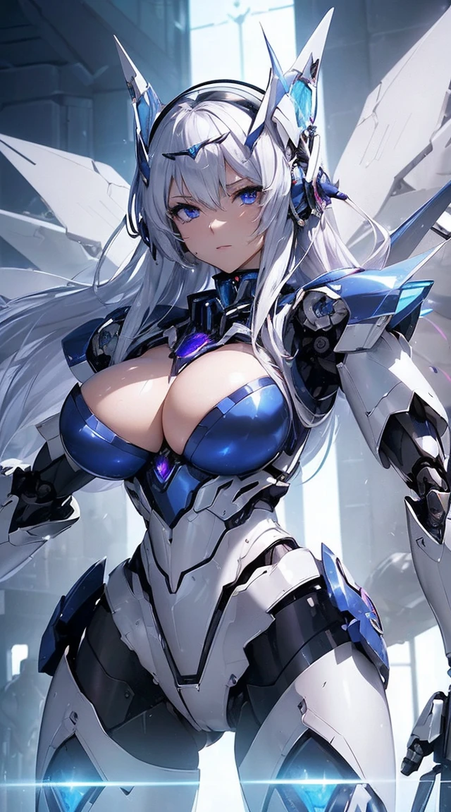 ((Intense action pose:1.6))、((Shining lenses on both breasts:1.3))、((Blue pillars of light are emanating from both chests.:1.3))、smile、((8K)), ((32k)), ((Highest quality)), ((masterpiece)), ((超A high resolution)), ((Tmasterpiece)), ((Halation:1.4))、((Mechaニカルheadgear:1.2))、((Cyber Headphones:1.3))、Fine skin, High quality fabric, Fine metal texture、((Beautiful and dense face))、RAW Photos、Professional, Ultra-fine painting, ((alone)), Beautiful breasts、Highest quality, Very detailed, Very detailed詳細, Finer details, so beautiful, ((Princess Knight Robot:1.2)), (Joints of machines, Mechanical Limbs:1.3), (The internal structure of the machine is exposed:1.3), (Long silver hair:1.1), (Beautiful and huge mechanical breasts)、White Veil, cowboy_shot, Side Focus, headgear, Shiny、(Five Fingers, Four fingers and thumb),Concept Art, Anime fantasy artwork, Detailed fantasy art, (with pale blue-violet hair and large white wings,,,,,,,), (((Long silver hair))), (Mecha:1.6)、Sleek and intimidating design, ((Commander-in-Chief'arm)), (Perfect robot body)、純白と青紫armまたは, Symmetrical wings, 8K high quality, detailed art, 3D rendering of character art in 8K, neat legs, Defined, Defined fingers,