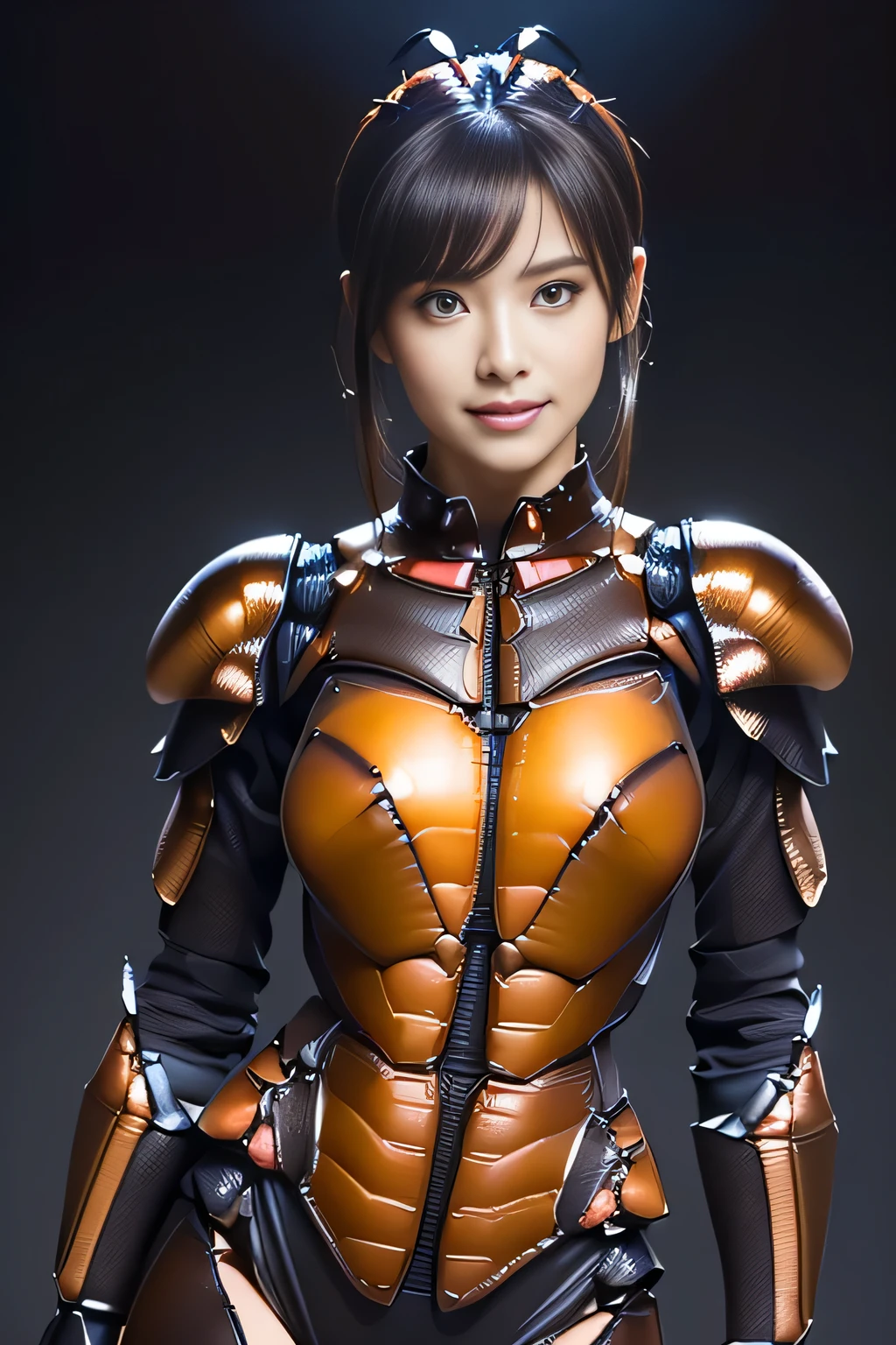 (high resolution,masterpiece,best quality,extremely detailed CG, anime, official art:1.4), realistic, photo, amazing fine details, all intricate, gloss and shiny,awesome many layers, 8k wall paper, 3d, sketch, kawaii, illustration,( solo:1.4), perfect female proportion,villainess, (fusion of dark brown cockroach and lady:1.4), (brown cockroach form lady:1.2), (brown cockroach lady:1.2), (fusion:1.2), (solo:1.4), (evil smile:1.2), muscular, abs, (cockroach brown exoskeleton bio insect suit:1.4), (cockroach brown exoskeleton bio insect armor:1.2), (brown transparency cockroach wing:1.4), (brown cockroach antennae:1.3),