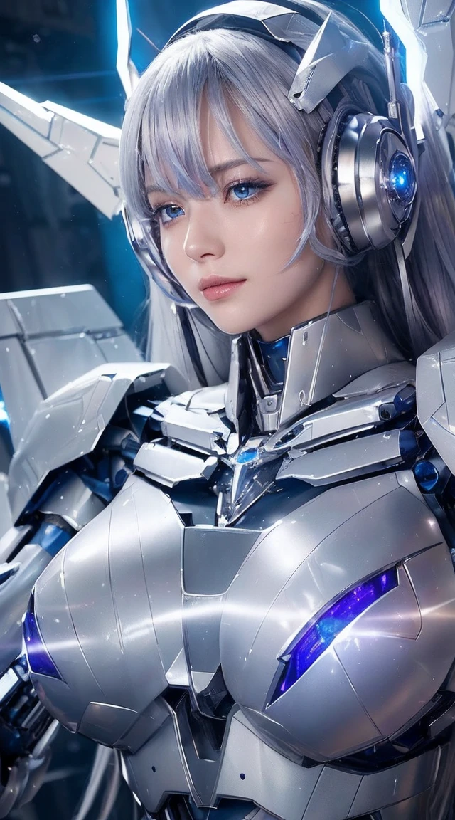 ((Extreme close up:1.6))、(((Lenses shining on both breasts:1.3)))、((Blue pillars of light radiate from both of his chests..:1.3))、break、(((Dynamic pose:1.8)))、smile、((8K)), ((32k)), ((Highest quality)), ((masterpiece)), ((超A high resolution)), ((Tmasterpiece)), ((Halation:1.4))、((Mechaニカルheadgear:1.2))、((Cyber Headphones:1.3))Fine skin, High quality fabric, High-quality metal texture、((Beautiful and dense face))、RAW Photos、Professional, Ultra-fine painting, ((alone)), Beautiful breasts、Highest quality, Very detailed, Very detailed詳細, Finer details, so beautiful, ((Princess Knight Robot:1.2)), (Joint of the machine, Mechanical Limbs:1.3), (The internal structure of the machine is exposed:1.3), (Long silver hair:1.1), (Beautiful and huge mechanical breasts)、White Veil, cowboy_shot, Side Focus, headgear, Shiny、(Five Fingers, Four fingers and thumb),Concept Art, Anime fantasy artwork, Detailed fantasy art, (with pale blue-violet hair and large white wings,,,,,,,,), (((Long silver hair))), (Mecha:1.6)、Sleek and intimidating design, ((Commander-in-Chief'arm)), (Perfect robot body)、純白と青紫のarmまたは, Symmetrical wings, 8K High Resolution, Detailed Art, 3D rendering of character art in 8K, neat legs, Defined, Defined fingers,((headshot:1.3))