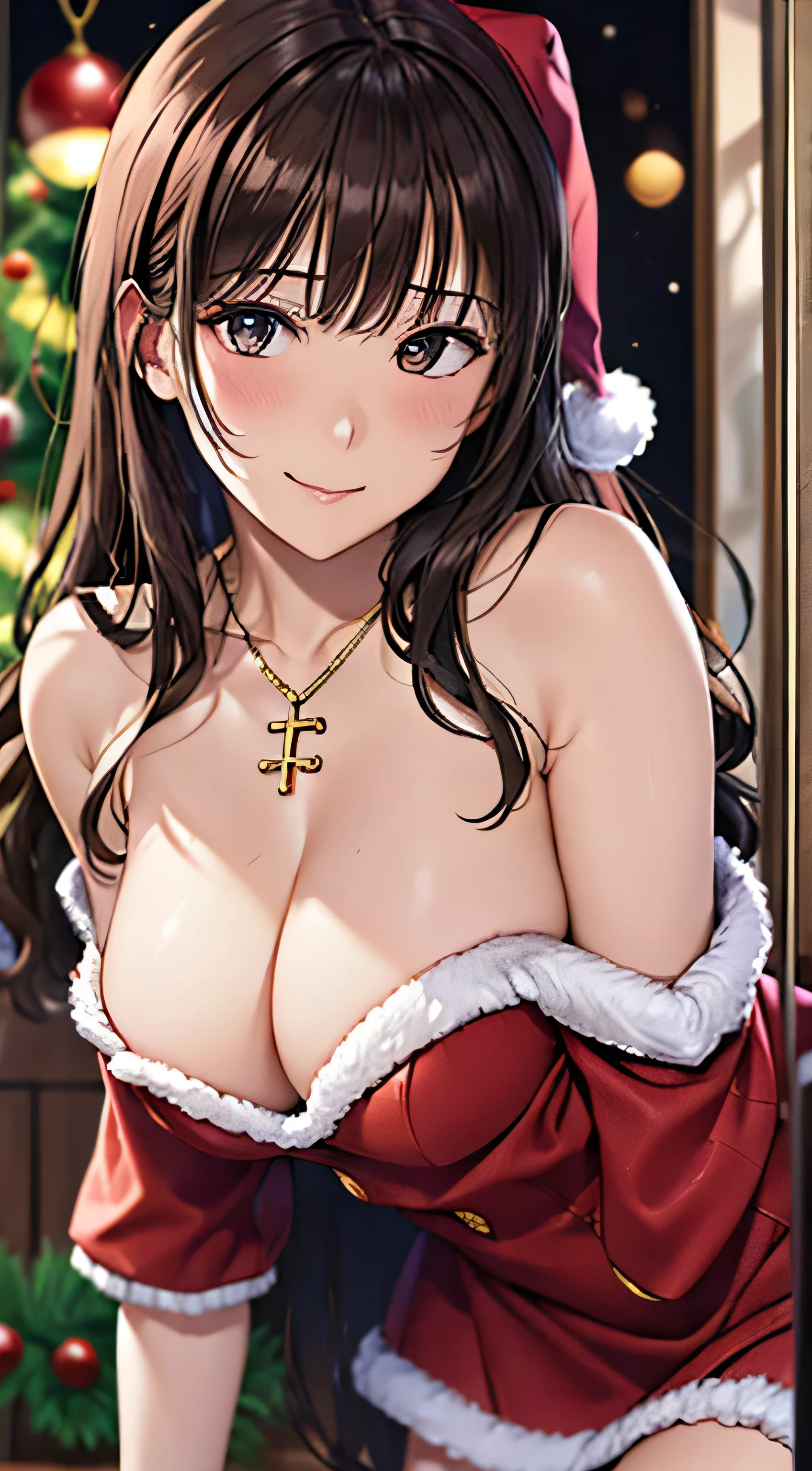 ((Tabletop, Highest quality, High resolution, , Pixel Perfect, 4K,))), 1 female, 、The whole body is visible、 ((Long Wavy Hair, bangs, Brown Hair)), ((Brown eyes, Beautiful eyelashes, Realistic eyes)), ((Detailed face, Blushing:1.2)), ((Smooth texture:0.75, Realistic texture:0.65, Realistic:1.1, Anime CG Style)), Medium sized breasts, Dynamic Angle, Perfect body, (( , , Santa Claus Costume、Off-the-shoulder sweater、No bra、、 flare skirt、Black Stockings、、)), Gold Hair Ornament、Cross Necklace、、Very embarrassing panic smile, 、、、、、Leaning forward、Nipples are slightly visible、Sideboob、、Put your hands on the table、、Stick your butt out、Luxury apartment kitchen、、、、、、 、)、