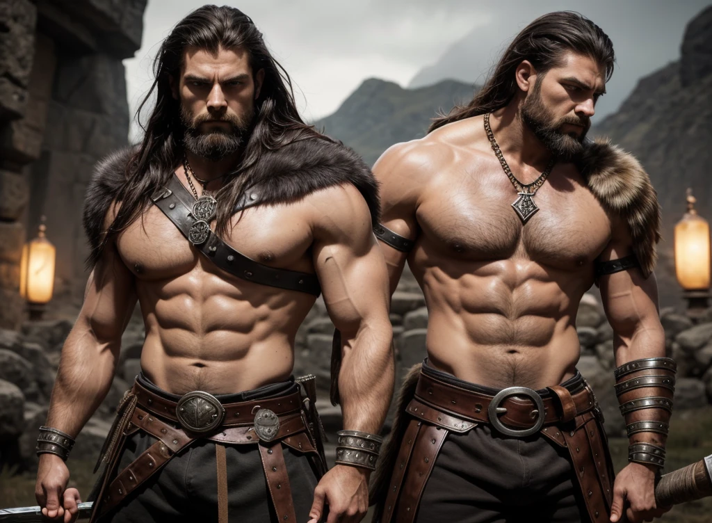 Appearance:
Physique: A very strong and muscular build.
Skin Tone: Olive or tan complexion.
Face:
Strong, square jawline.
Thick, dark eyebrows.
Piercing, intense eyes with a hint of softness.
Rugged and strikingly handsome features.
Hair:
Long, black hair styled in a Viking manner with intricate braids.
Some loose strands falling around his face, adding to the rugged look.
Body Hair:
Noticeable body hair on the chest, arms, and possibly a slight trail on the abdomen.
Expression: Fierce and determined, with a hint of a smirk, giving a menacing yet seductive aura.
Clothing and Accessories:
Top:
Shirtless, showcasing his muscular and hairy chest.
Wearing gladiator or Nordic-inspired shoulder armor made of animal fur. The fur is thick, rough, and slightly matted, with visible leather straps holding it in place.
Arms:
Gladiator-style bracers on his forearms, made of dark leather and metal, with intricate designs or runes engraved.
Bottom:
High-waisted gladiator pants made of thick, dark leather.
The pants have a rugged and practical look, with straps and buckles, fitting snugly around his muscular legs.
Possibly adorned with small metal accents or studs, adding to the warrior aesthetic.
Background:
Setting:
A dark, medieval-inspired environment.
Elements like stone walls, dim torchlight, or a misty forest backdrop.
The atmosphere should be gritty and intense, with a sense of mysticism.
Additional Details:
Tattoos:
Tribal or Nordic tattoos on his face, arms, and torso, adding to his fierce appearance.
Accessories:
A leather necklace or amulet with a significant pendant, possibly an ancient symbol or rune.
A large, ornate belt buckle, matching the style of his bracers and shoulder armor.
Pose:
Standing tall and confident, with one hand resting on his hip and the other possibly holding a weapon (like a Viking axe or a gladiator sword), emphasizing his strength and readiness for battle.