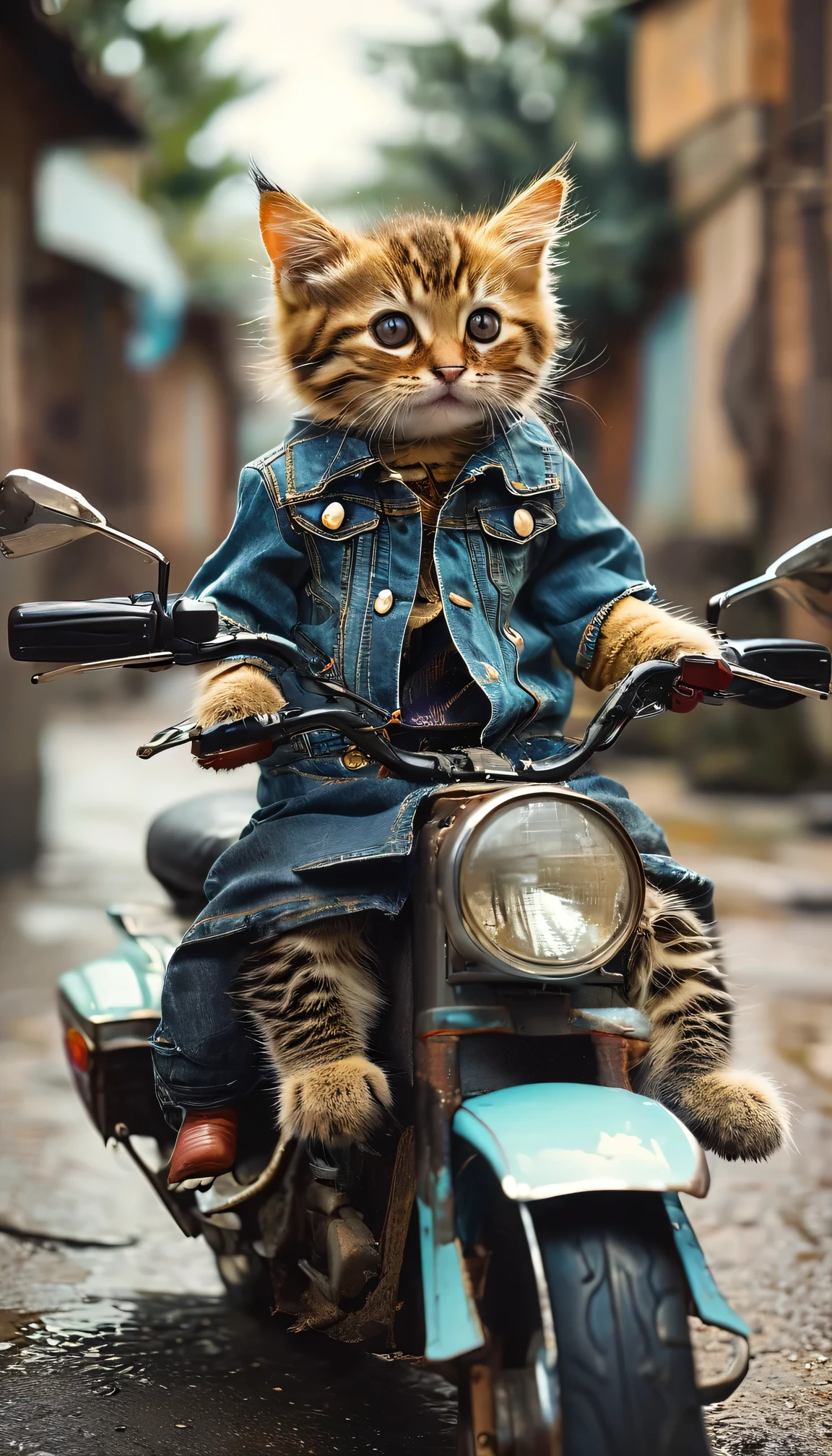 small cat, riding a motorbike, with human clothes