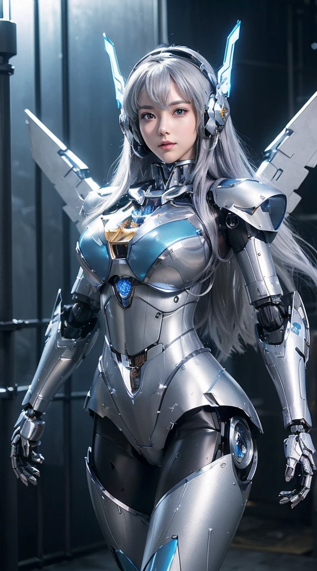 ((Intense action pose:1.hining lenses on both breasts((Blue pillars of light are emanating from both chests.:1.3))、smile、((8K(32k)), ((Highest quality)), ((masterpiece)), ((超A high resolution)), ((Tmasterpiece)), ((Halation:1.4))、((Mechaニカルheadgear:1.2))、((Cyber Headphones:1.3))、Fine skin, High quality fabric, Fine metal texture、((Beautiful and dense face))、RAW Photos、Professional, Ultra-fine painting, ((alone)), Beautiful breasts、Highest quaery detailed, Very detailed詳細, Finer details, so beautiful, ((Princess Knight Robot:1.2)), (Joints of machines, Mechanical Limbs:1.3), (The internal structure of the machine is exposed:1.3), (Long silver hair:1.1), (Beautiful and huge mechanical breasts)、White Veil, cowbo Side Focus, headgear, Shiny、(Five Fingers, Four fingers and thumb),Concept Art, Anime fantasy artwork, Detailed fantasy art, (with pale blue-violet hair and large white wings,,,,,,,), (((Long silver hair))), (Mecha:1.6)、Sleek and intimidating design,ommander-in-Chief'arm)), (Perfect robot body)、純白と青紫armまたは, Symmetrical wings, 8K high quality, detailed art, 3D rendering of character art in 8K, neat legs, Defined, Defined fingers,