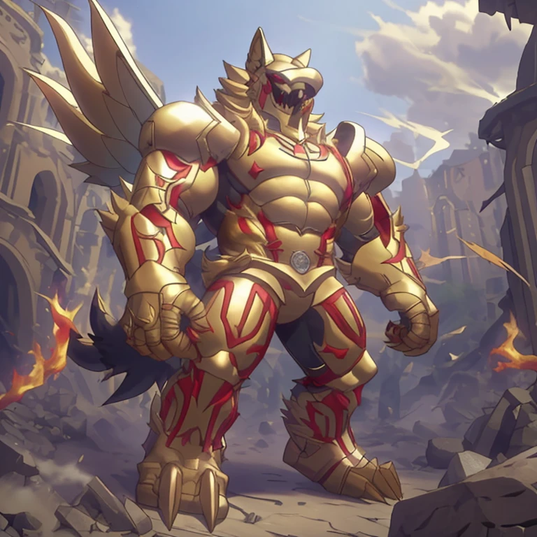 (masterpiece. official art. 8k. best quality. detailed full body. full body.)

(situation 1 : dominating The Phoenix Wolf. The Phoenix Wolf is over 1000 meters long. focus GIANT mechanical Muscular The Phoenix Wolf is trampling the car. Looking down.)

(situation 2 :smoke and flames rising from the destruction in the city)

(Additional details 1: Wearing golden Armor. Cape. Helmet. real texture material. whole body shines like metal. emphasizes the muscles. suit fully made of metal.Robotic suit).

(Additional details 1.5: The arms are golden. The lower half of the body is golden. The wolf-shaped helmet has sharp fangs. The whole body is golden. The chest area is also golden. There is a ring above the head.).

(Additional details 2: Detailed head. Detailed Body. Detailed abs. gigantic muscles. HYPER MUSCLES. Gigachad Muscular. big muscle. pecs. triceps. traps. unusually developed muscular body. body full of huge muscles. showing off muscles. pectorales enormes. Exaggeratedly huge muscles. huge muscles. long legs.).

(Additional details 3: Spread wings. It has wings. The claws are sharp. Sharp teeth.). He is laughing defiantly. The claws are sharp. Sharp teeth.). 

(Additional details 3.5 : nj5furry,  He is laughing defiantly. medieval armor.). 
