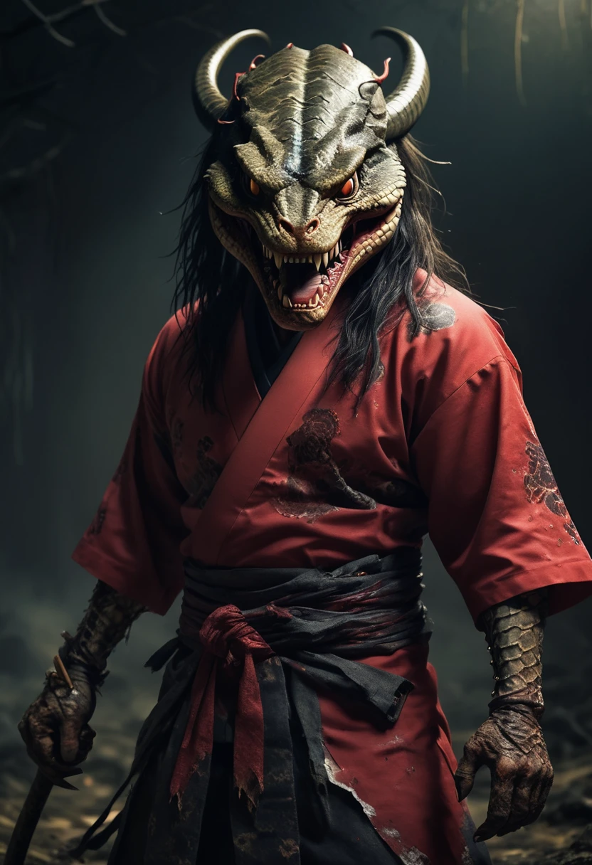 unhealthy humanoid monster. His lower body is that of a snake and his upper body is that of a man. He has a deformed face. His mouth is full of sharp teeth, he has a sadistic and cruel smile. He is one-eyed, his only eye is red, and instead of his left eye, there is a hole full of insects. He has long hair in battle. He’s wearing a torn kimono, and he’s holding a spear. [Monster] [Horror] [Scary] [Half snake half human] [Sadistic smile] [Sharp teeth] [One eyed] [Torn kimono]