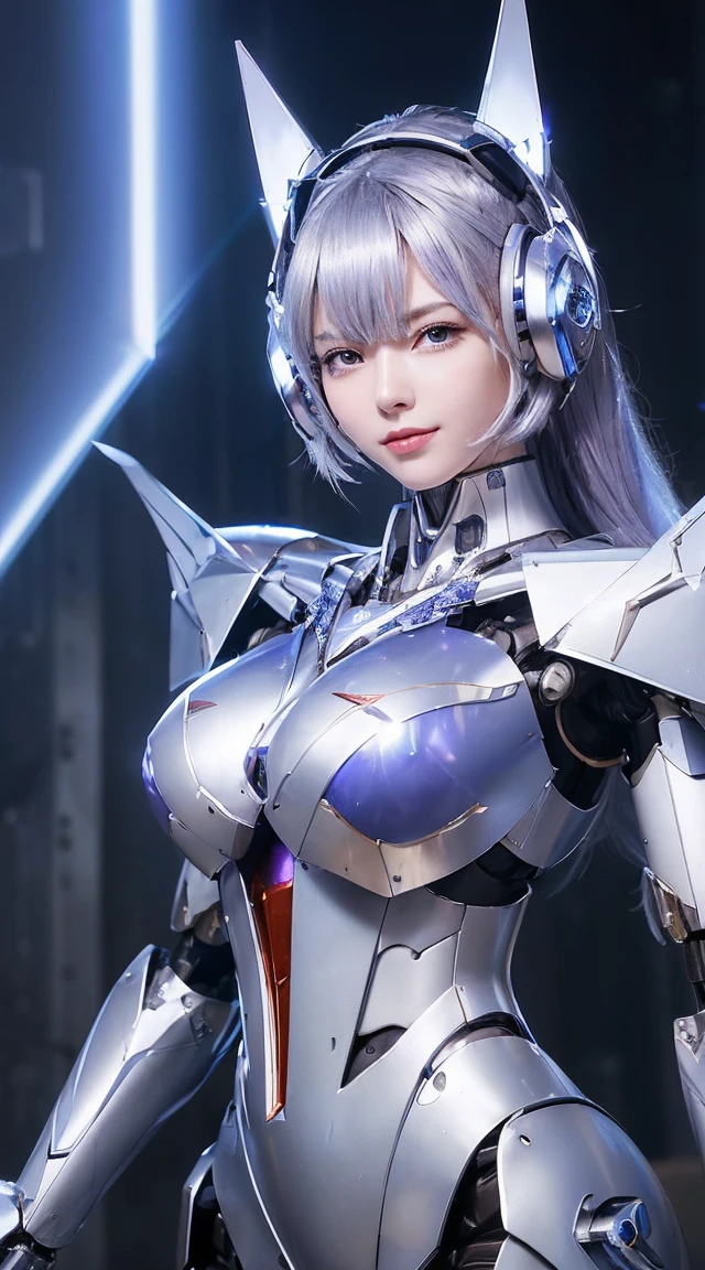 ((Intense action pose:1.6))、((Shining lenses on both breasts:1.3))、((Blue pillars of light are emanating from both chests.:1.3))、smile、((8K)), ((32k)), ((Highest quality)), ((masterpiece)), ((超A high resolution)), ((Tmasterpiece)), ((Halation:1.4))、((Mechaニカルheadgear:1.2))、((Cyber Headphones:1.3))、Fine skin, High quality fabric, Fine metal texture、((Beautiful and dense face))、RAW Photos、Professional, Ultra-fine painting, ((alone)), Beautiful breasts、Highest quality, Very detailed, Very detailed詳細, Finer details, so beautiful, ((Princess Knight Robot:1.2)),  (Joints of machines, Mechanical Limbs:1.3), (The internal structure of the machine is exposed:1.3), (Long silver hair:1.1), (Beautiful and huge mechanical breasts)、White Veil, cowboy_shot, Side Focus, headgear, Shiny、(Five Fingers, Four fingers and thumb),Concept Art, Anime fantasy artwork, Detailed fantasy art, (with pale blue-violet hair and large white wings,,,,,,,), (((Long silver hair))), (Mecha:1.6)、Sleek and intimidating design, ((Commander-in-Chief&#39;arm)), (Perfect robot body)、純白と青紫armまたは, Symmetrical wings, 8K high quality, detailed art, 3D rendering of character art in 8K, neat legs, Defined, Defined fingers,