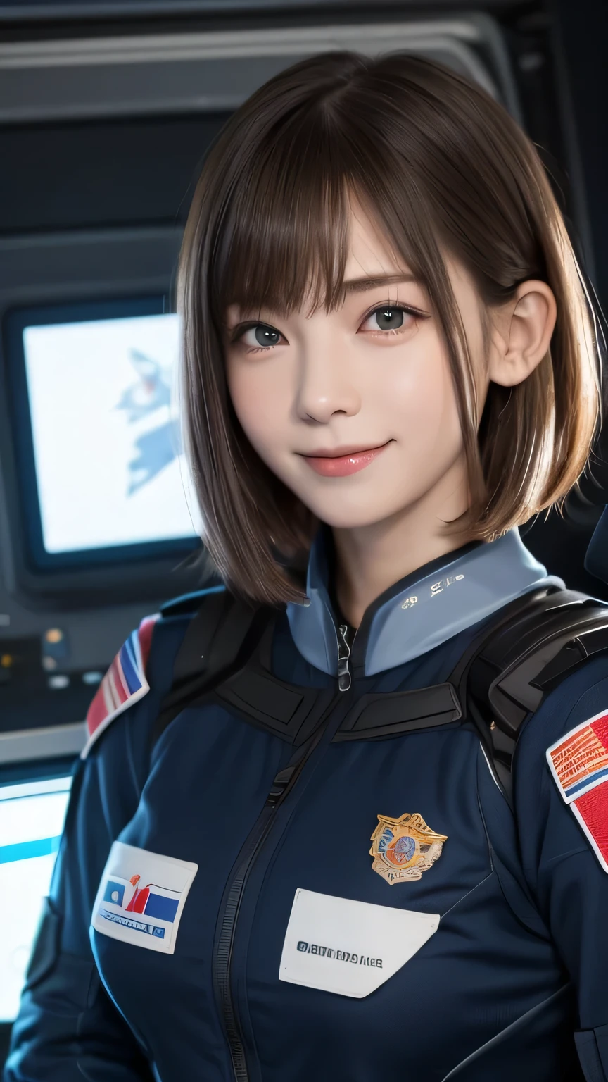 closeup shot , Best picture quality (8K, high resolution, Masterpiece: 1.2), super detailed, 215 Short Hair, 16-year-old woman,
situation: On the bridge of a giant spaceship、The commander is giving orders while looking at the tactical screen.。
clothing: High-tech combat suit、Commander's Uniform、headset。
angle:
Close-up: The commander's serious expression、Show the battle situation on the screen in detail。
Detailed depiction: Mechanical interior of the bridge、With tension in the team as a backdrop、Emphasizing the intensity of the battle。
, Close-up of face
, random cute pose ,big eyes ,Puffy eyes , Heart Pupil, blush , huge shy smile , salute