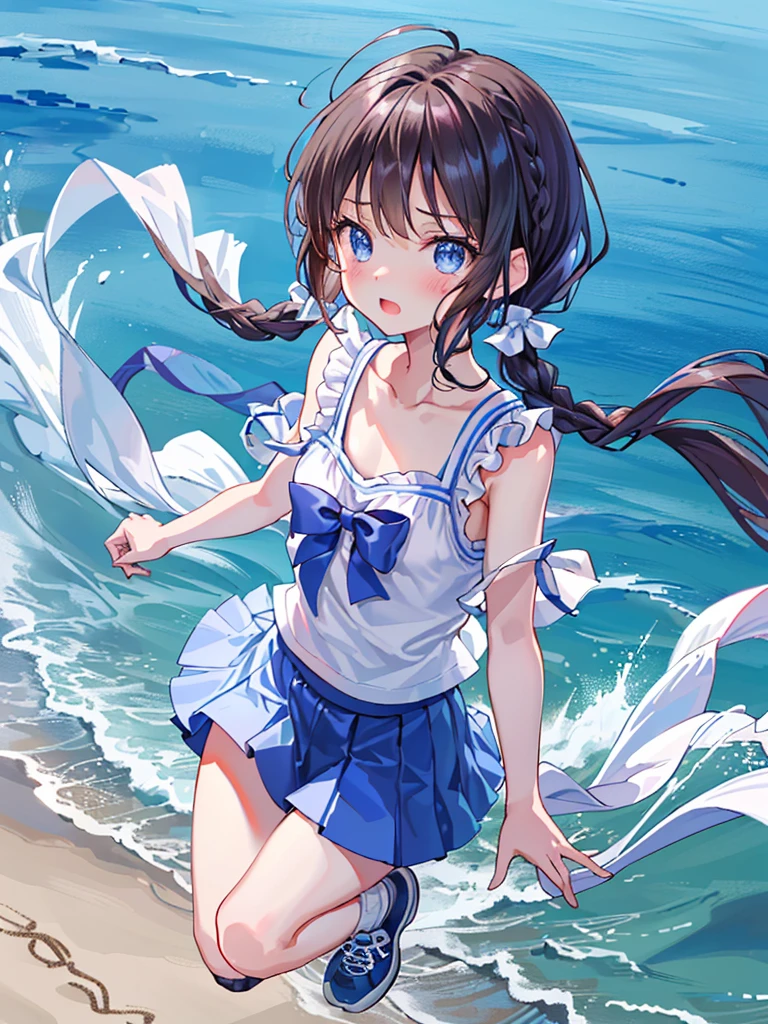 highest quality,highest quality,One girl,((((10 years old)))),Flat Chest,orgasm,blush, Sweat, Tachibana Arisu,Black Hair,Long Hair,Hair Ribbon,White shirt,Dolphin Shorts,Wet,See through