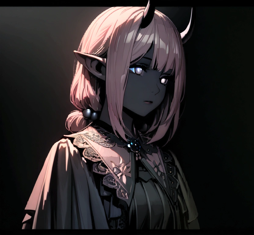 extreme quality, cg, detailed face+eyes, (bright colors:0.8), (anime girl), 1girl, pink hair, hair bobbles, dark theme, soothing tones, muted colors, elf ears, high contrast, (natural skin texture, hyperrealism, soft light, sharp), exposure blend, medium shot, bokeh, (hdr:1.3), high contrast, (cinematic,teal and red:0.85), (muted colors, dim colors, soothing tones:1.3), low saturation, (hyperdetailed:1.2), (noir:0.4), two horns, dress, all white eyes, masterpiece, top tier, extravagant, 8k