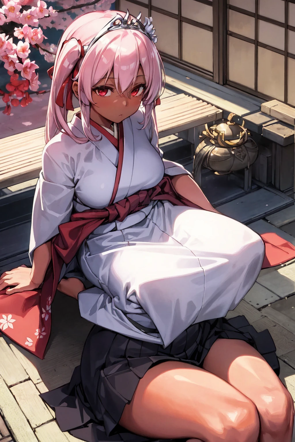 (masterpiece:1.4) , (best quality:1.4) , (ultra-detailed:1.4) (best illustration, perfect anatomy:1.4)
BREAK, 1girl, upper body,  japanese shrine, sakura, (japanese miko), sitting on bench, (japanese tiara), zouri
BREAK, curvy,  (dark skin:1.3), shiny skin, (huge breasts),
(medium length hair, twin tails:1.2), swept bangs, (two-tone hair:1.1), (silver hair) pink hair, black ribbon, 
small eyes, red eyes, (expressionless), 